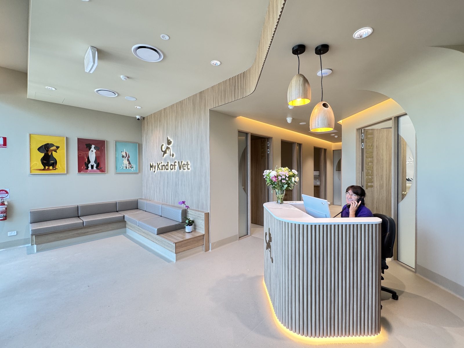 The finished waiting room and reception of My Kind of Vet, a purpose-built vet clinic on the Gold Coast in Ormeau